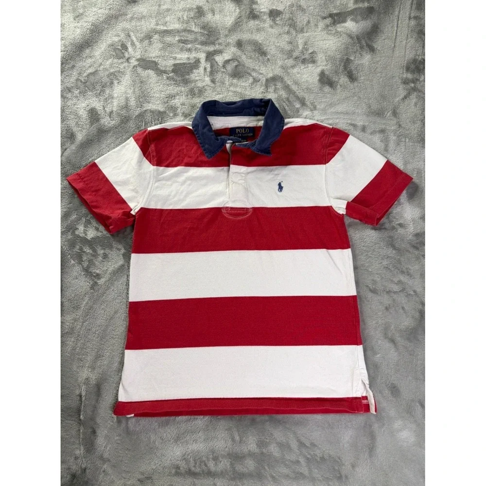 Polo Ralph Lauren Boys Rugby Shirt M 10-12 Red White Navy Striped